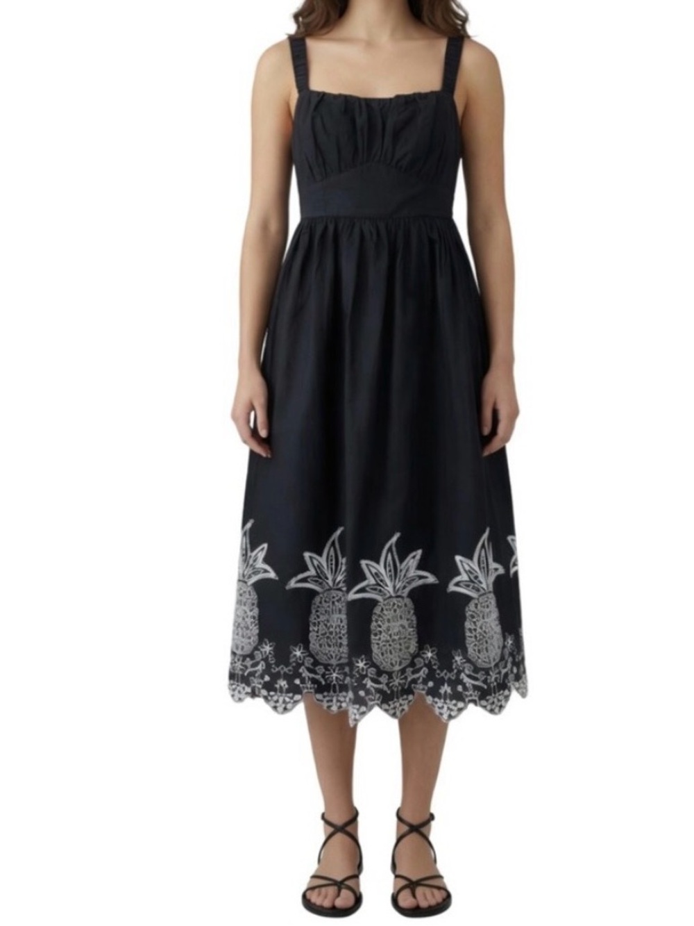 London Times Embroidered Cotton Rio Pineapple Midi Sleeveless Sundress  XS NWT